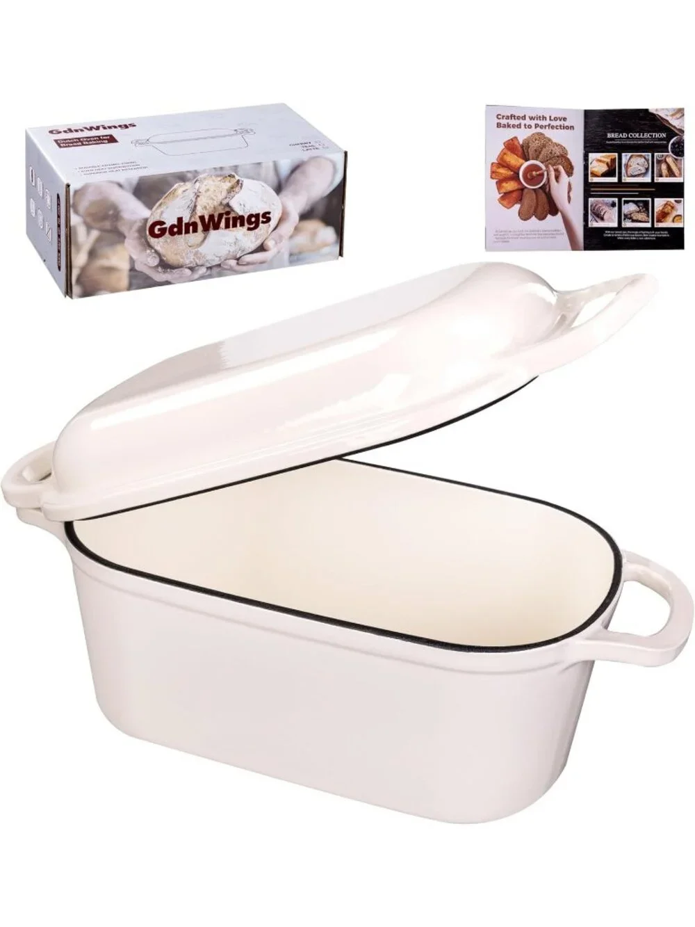 4.6 Qt White Oval Enameled Cast Iron Dutch Oven Lid for Sourdough Bread Baking